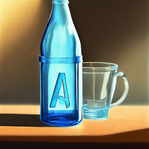 AI generated: drinking beverage, a clear blue glass bottle with a V written on it, morning sunlight, hyperrealism,...