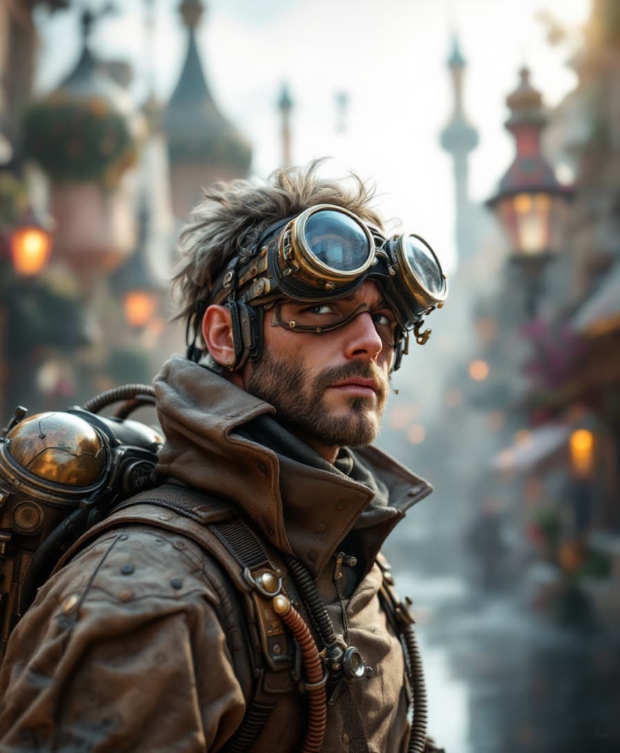 AI generated: A close up steampunk adventurer with goggles and a jetpack, exploring a mystical city. The adventure...