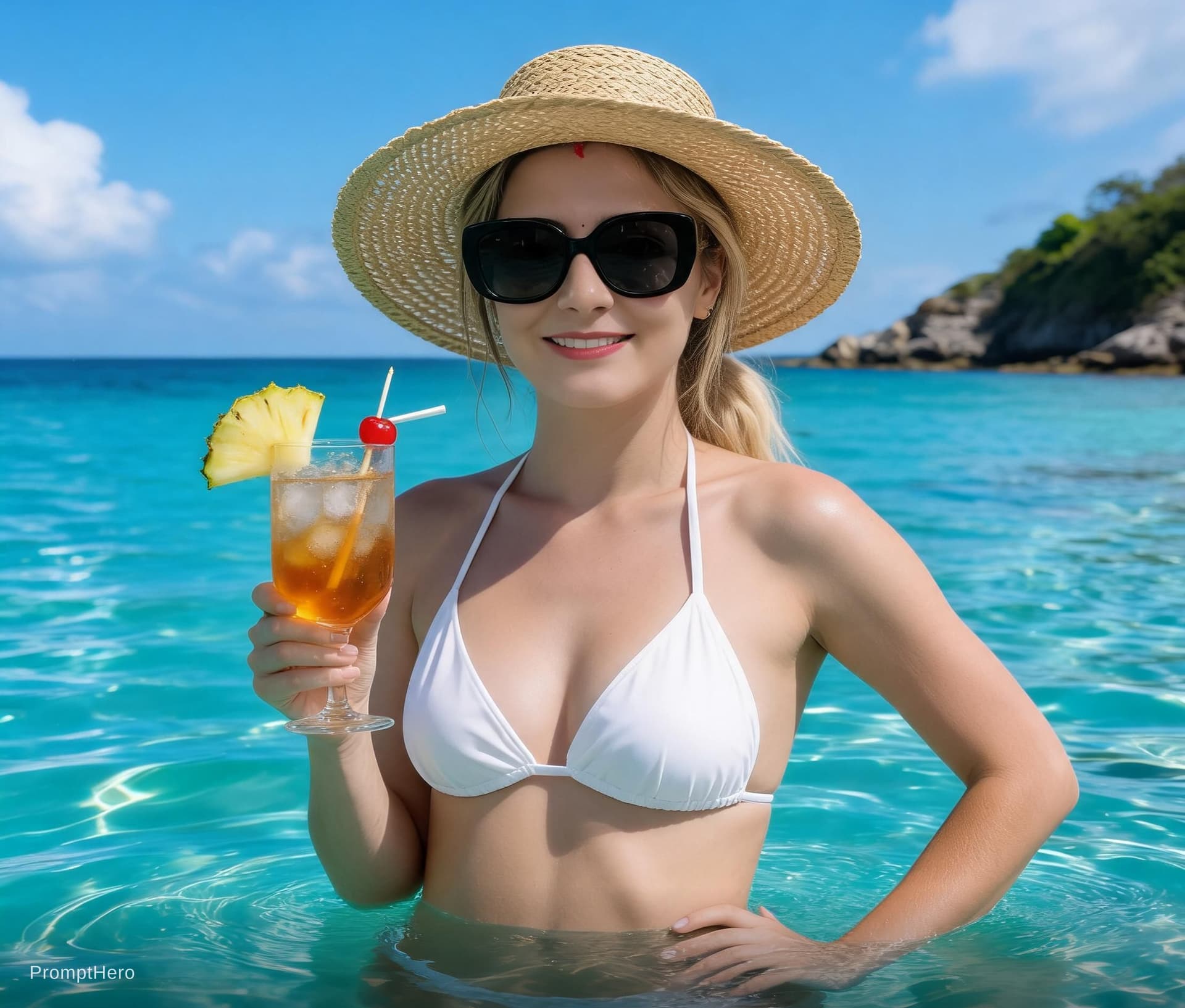 AI generated: A photorealistic, cinematic portrait of a woman standing waist-deep in crystal-clear turquoise water...