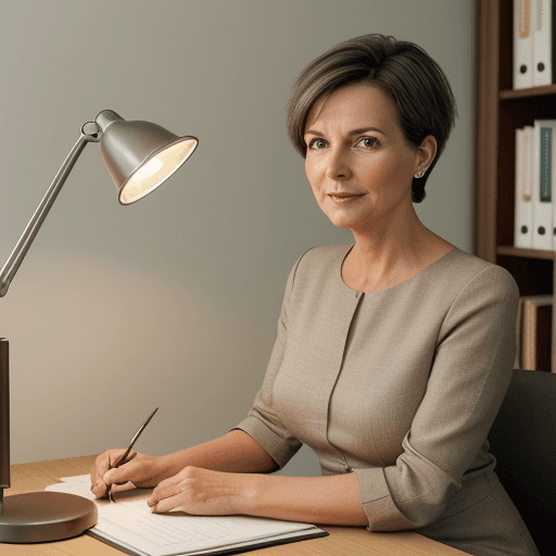AI generated: hyper realistic photo, elegant 45-year-old woman sitting at her desk in personal office, round face,...