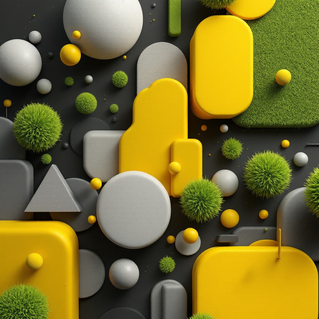 AI generated: 3D geometric shapes, grassy greens and bright yellows, extreme greys, various smooth textures, trans...