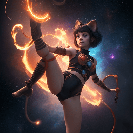 AI generated: cinematic young beautiful pretty and cute female with a monkey tail, big eyes, kitty ears and carre ...