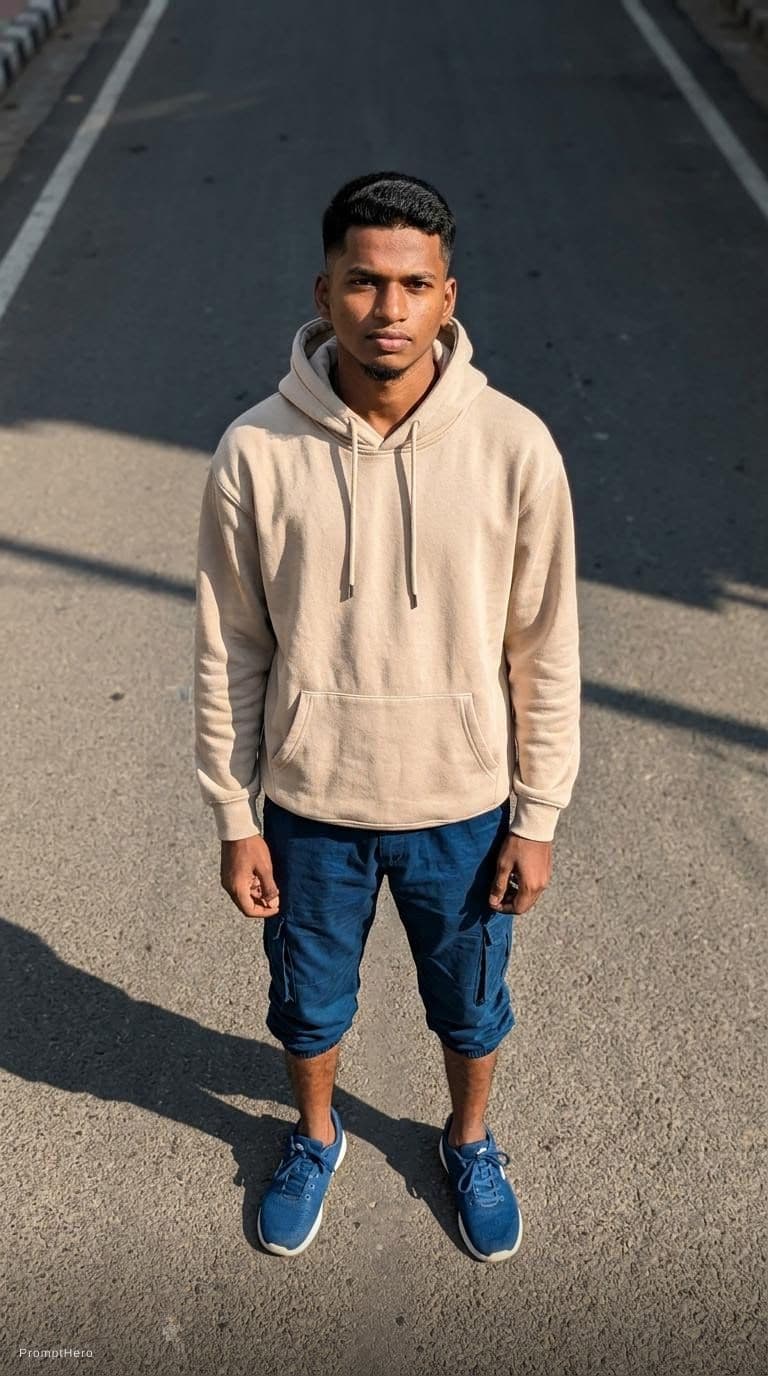 AI generated: photography, top view, full-body, male model , neat hair style, standing on street, wearing a over-f...