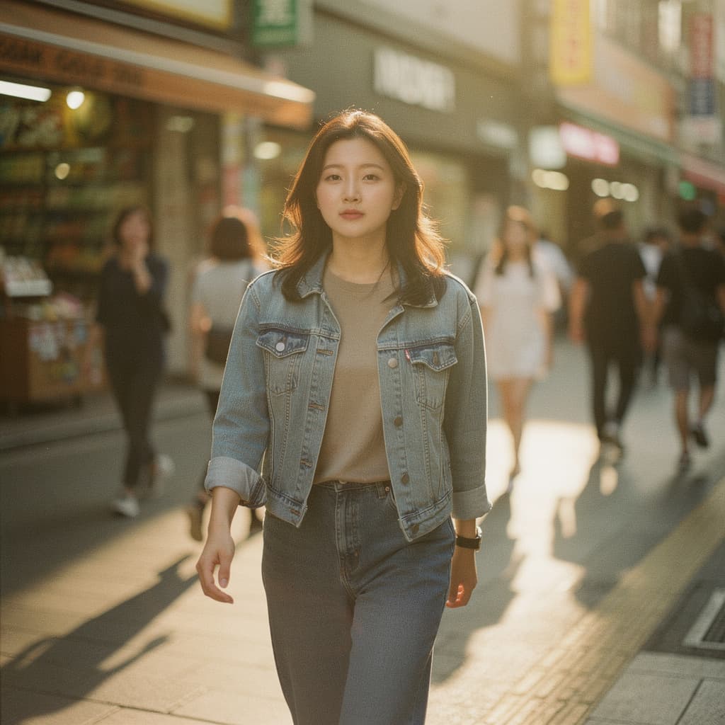 AI generated: Korean woman, mid 20's, street scene, in the style of Kodak Gold 200