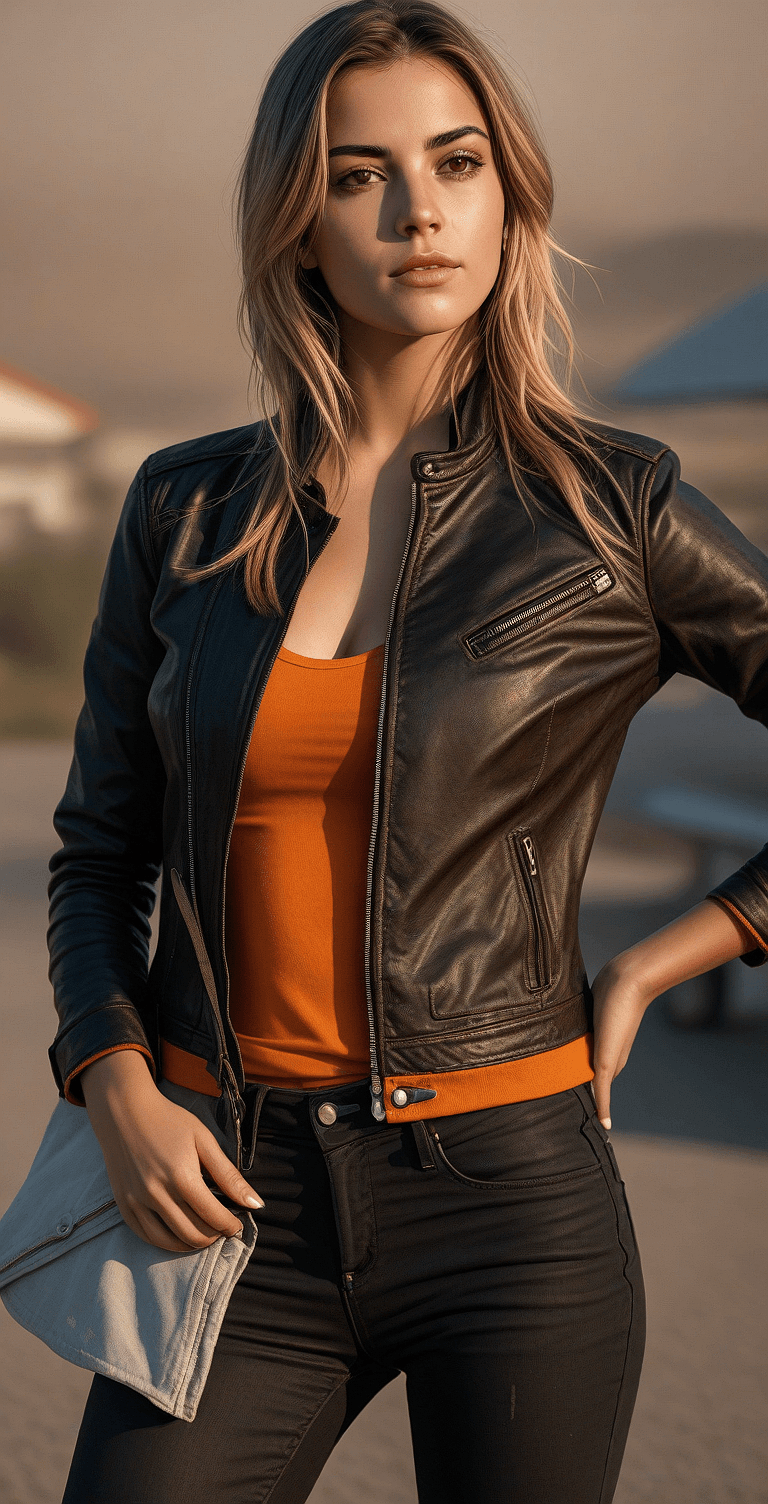 AI generated: An image of a young woman with blonde wavy hair styled away from her face. She is standing with her ...