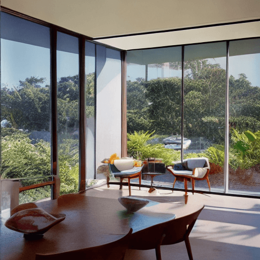 AI generated: Hyper realistic eye level exterior photo of a mid century modern style house overlooking the ocean, ...