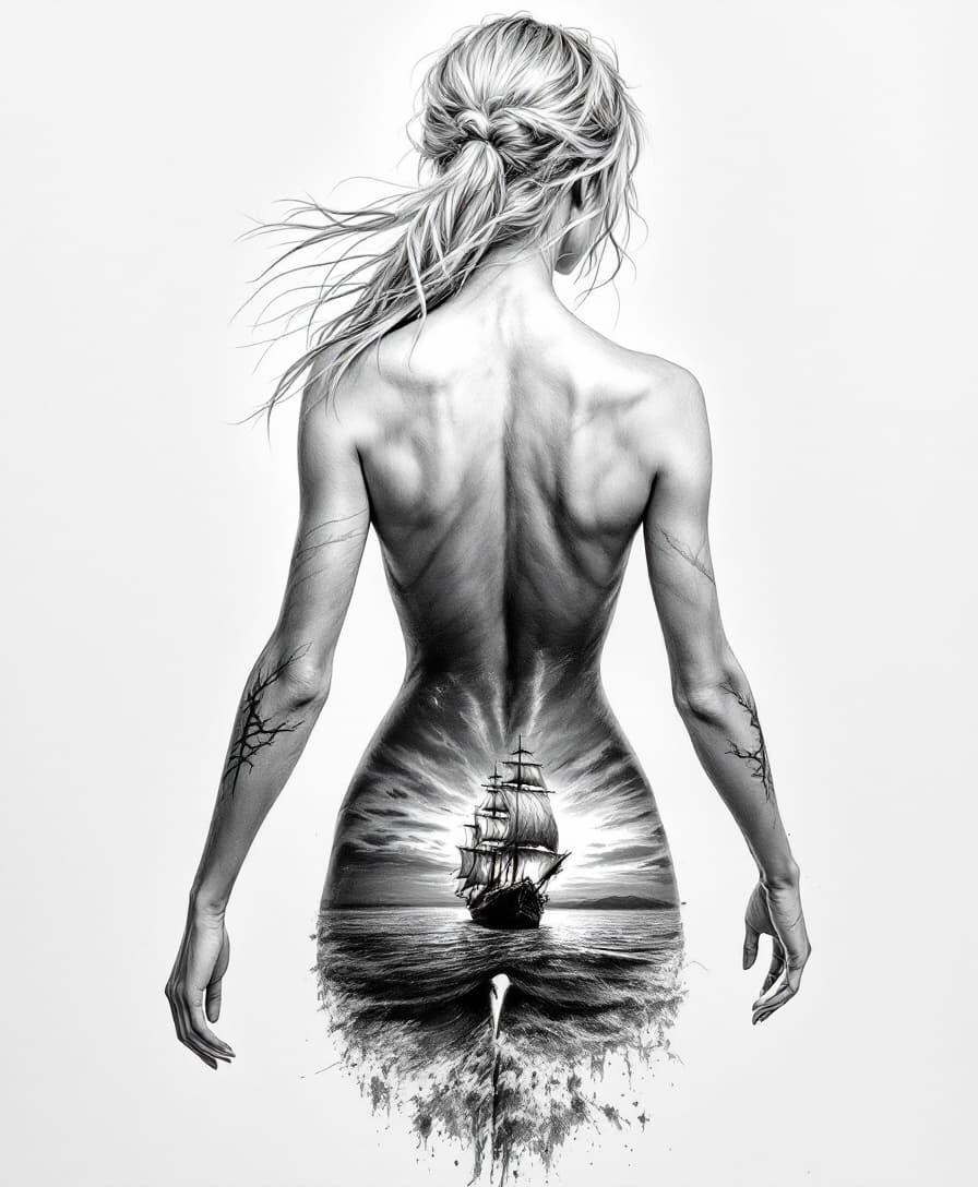 AI generated: “Ultra-realistic pencil sketch, back view of a female pirate with a painted body. The painting depic...