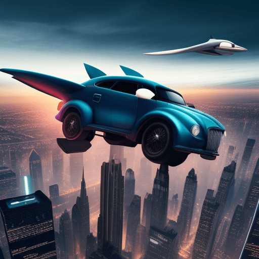 AI generated: a car flying in the sky of huge 
metropolis
