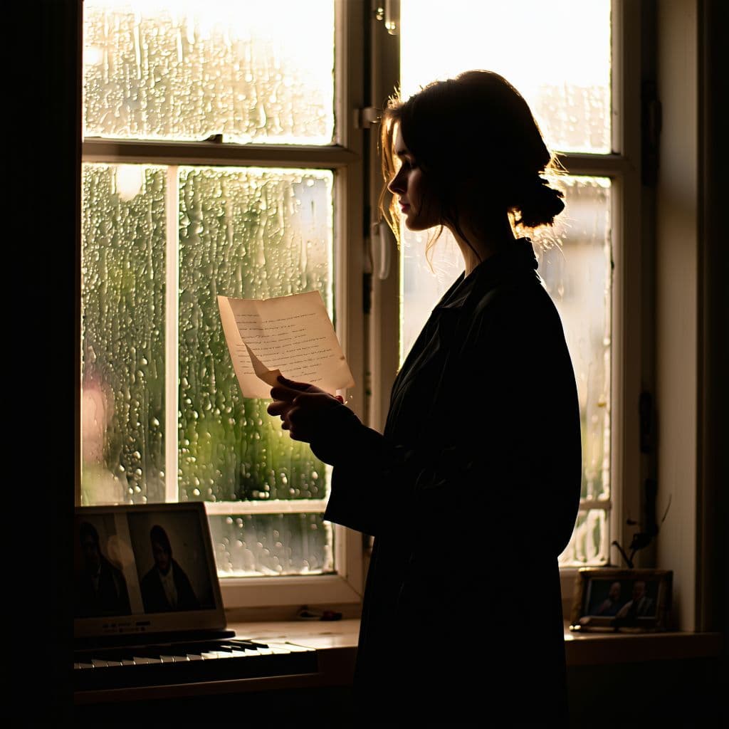 AI generated: A powerful, emotional portrait of a woman standing alone at a rain-soaked window, her silhouette fra...