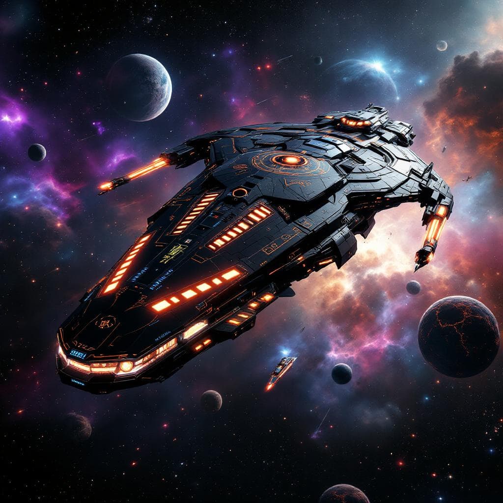 AI generated: Imagine, in detail, an alien spaceship to show a new design. An alien Mega Super Carrier. Show it in...
