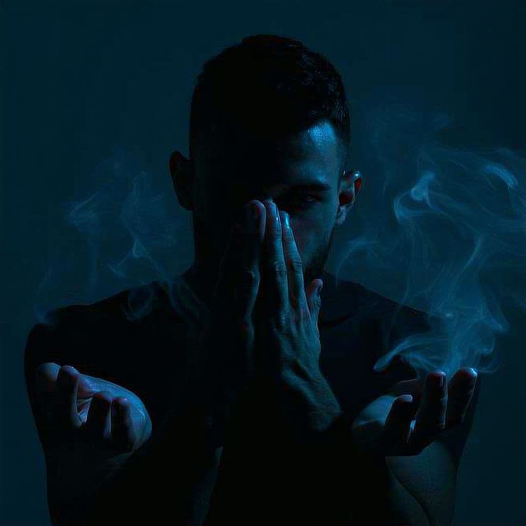 AI generated: a pitch dark men infront the camera (the Whole body steams) his hands are aligned downwards 

and he...