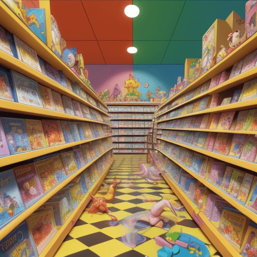 AI generated: 2D image for a fairy tale for children

there are thousands of colorful toys on the high shelves
