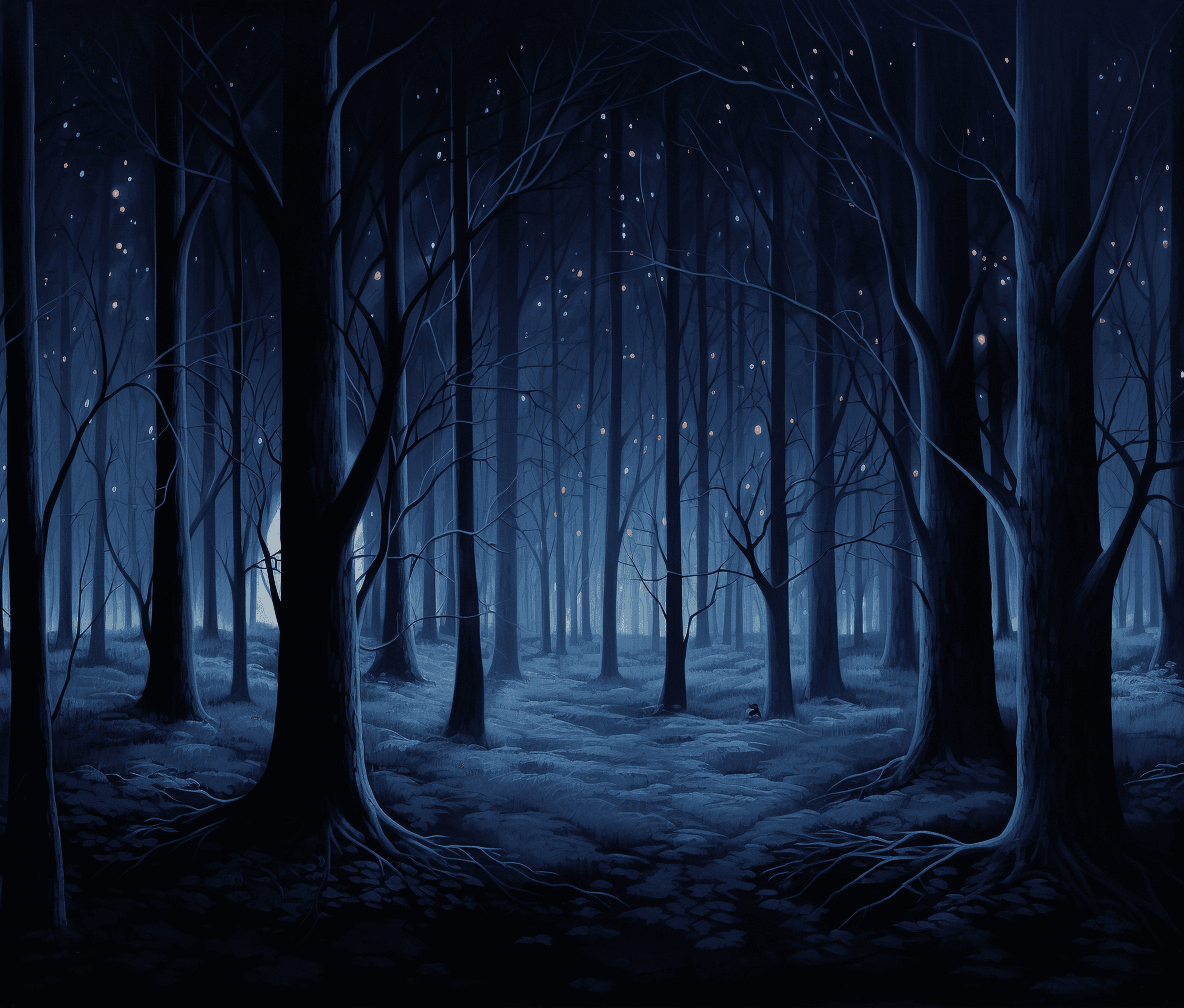 AI generated: In the center of an oil painting, tall trees stand in rows and glow with blue light at night, creati...