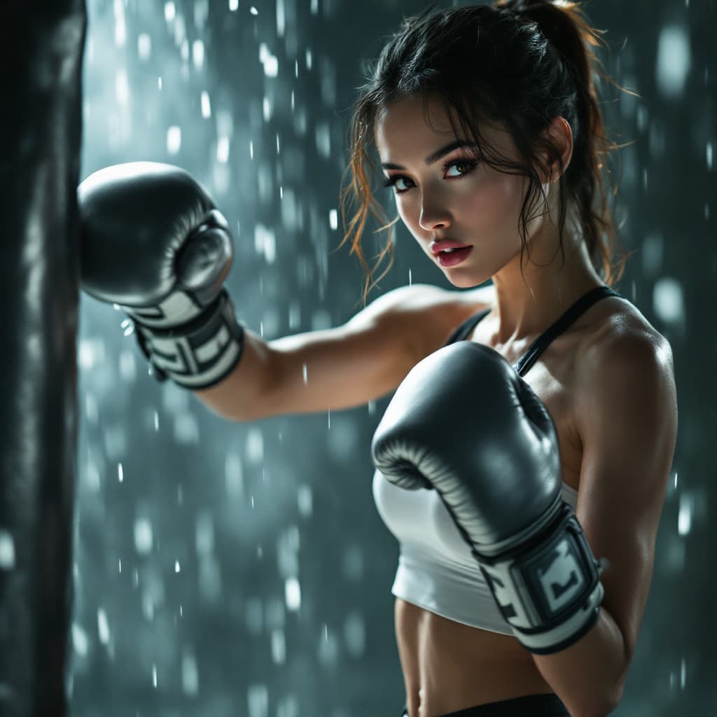 AI generated: RAW, analog, A full portrait of stunning  woman (sport pants, sport tank up, boxing gloves:1.2), 
bo...