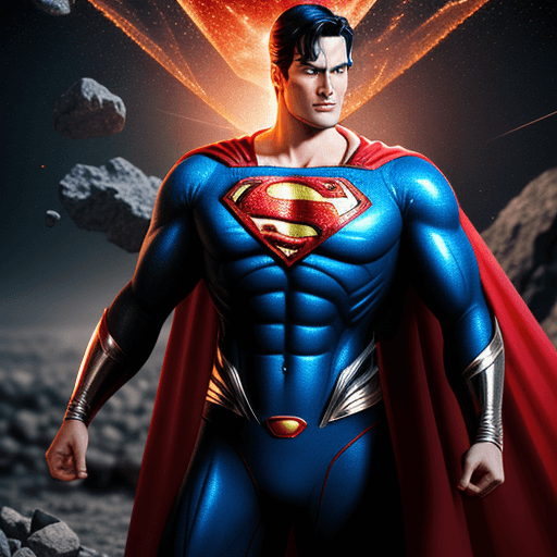 AI generated: superman, 3D, handsome face, blender, background hot red glowing meteorite combined with gravel, ful...