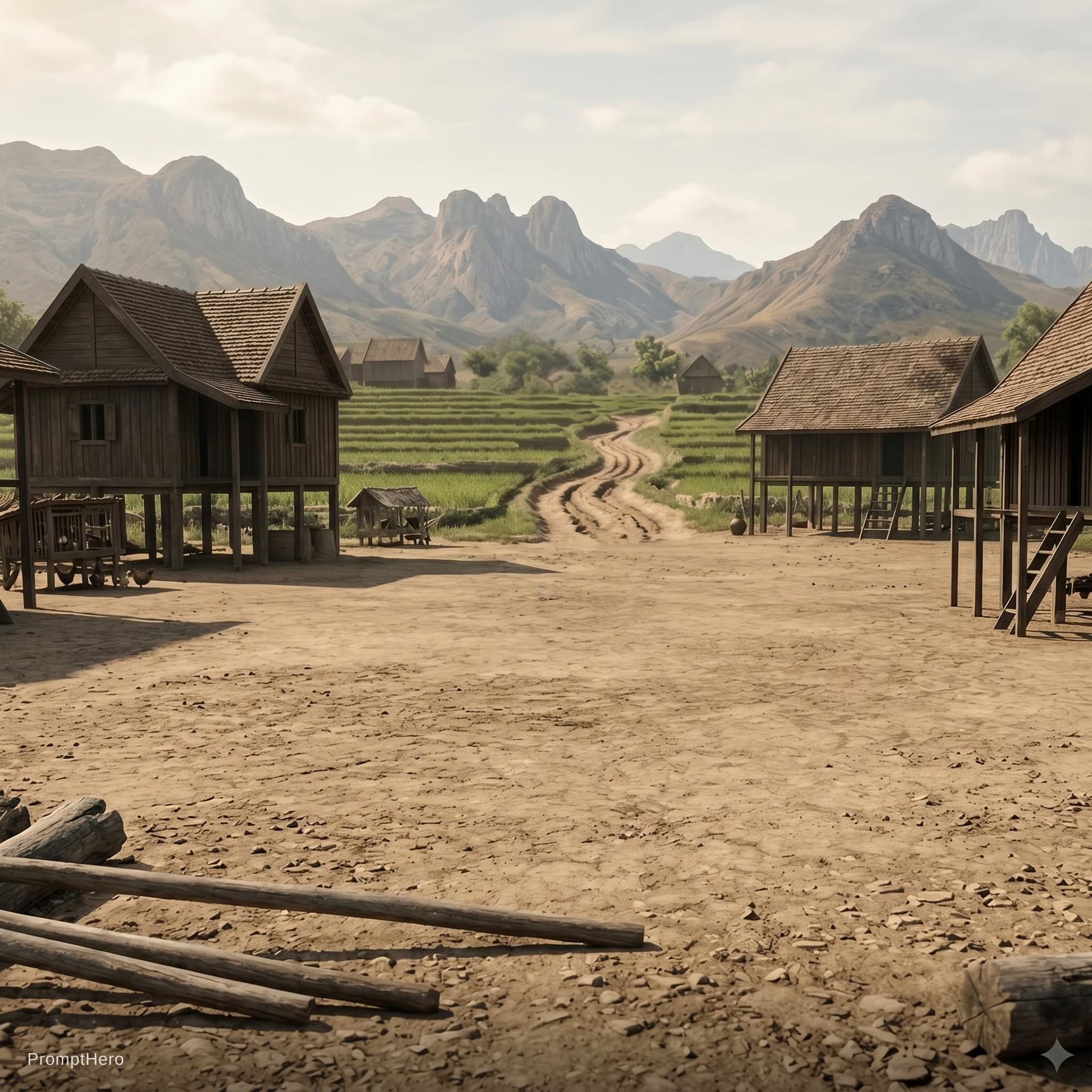 AI generated: Prompt: Madagascar A wide-angle, ground-level eye-level shot of a rural Madagascar village clearing ...