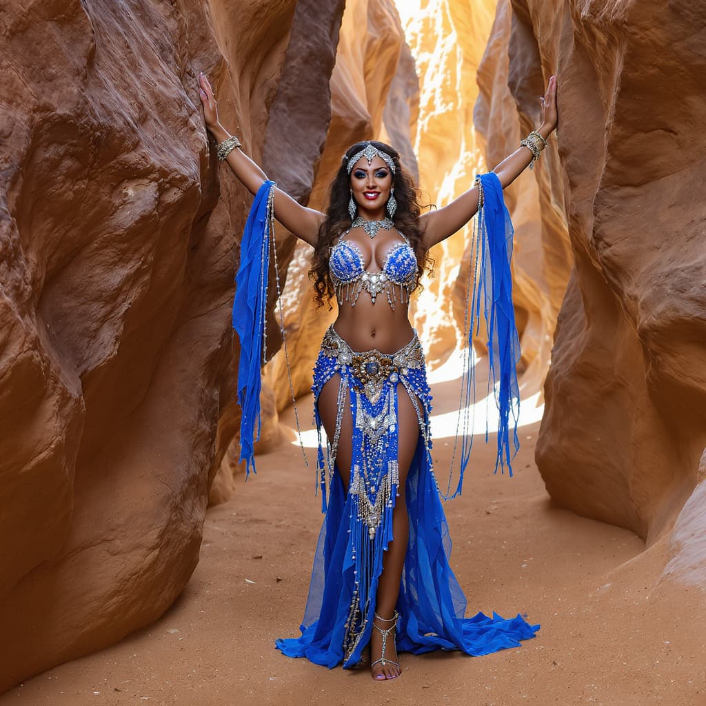 AI generated: 
A woman standing between two large rock formations, posing with her arms raised and touching the ro...