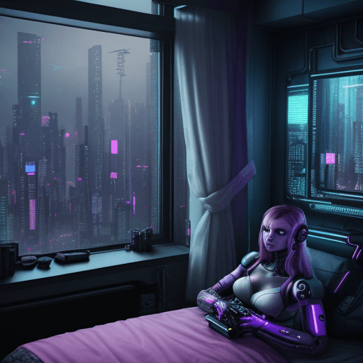 AI generated: Photo of a cyberpunk woman in a high tech bedroom looking the windows, cyberpunk World in background...