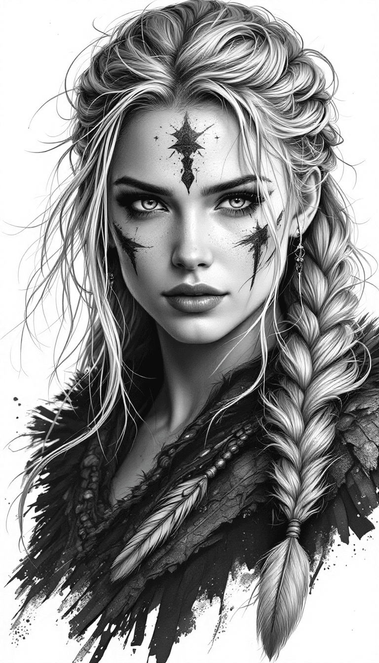 AI generated: black and white drawing of a Viking warrior woman with braided hair, wearing war paint on her face, ...