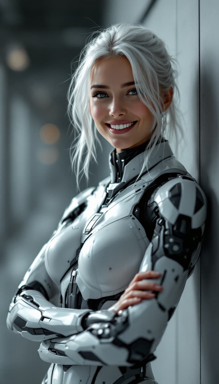 AI generated: Kaukasian cyber woman smiling happily, with white hair, arms crossed around waist, standing with leg...