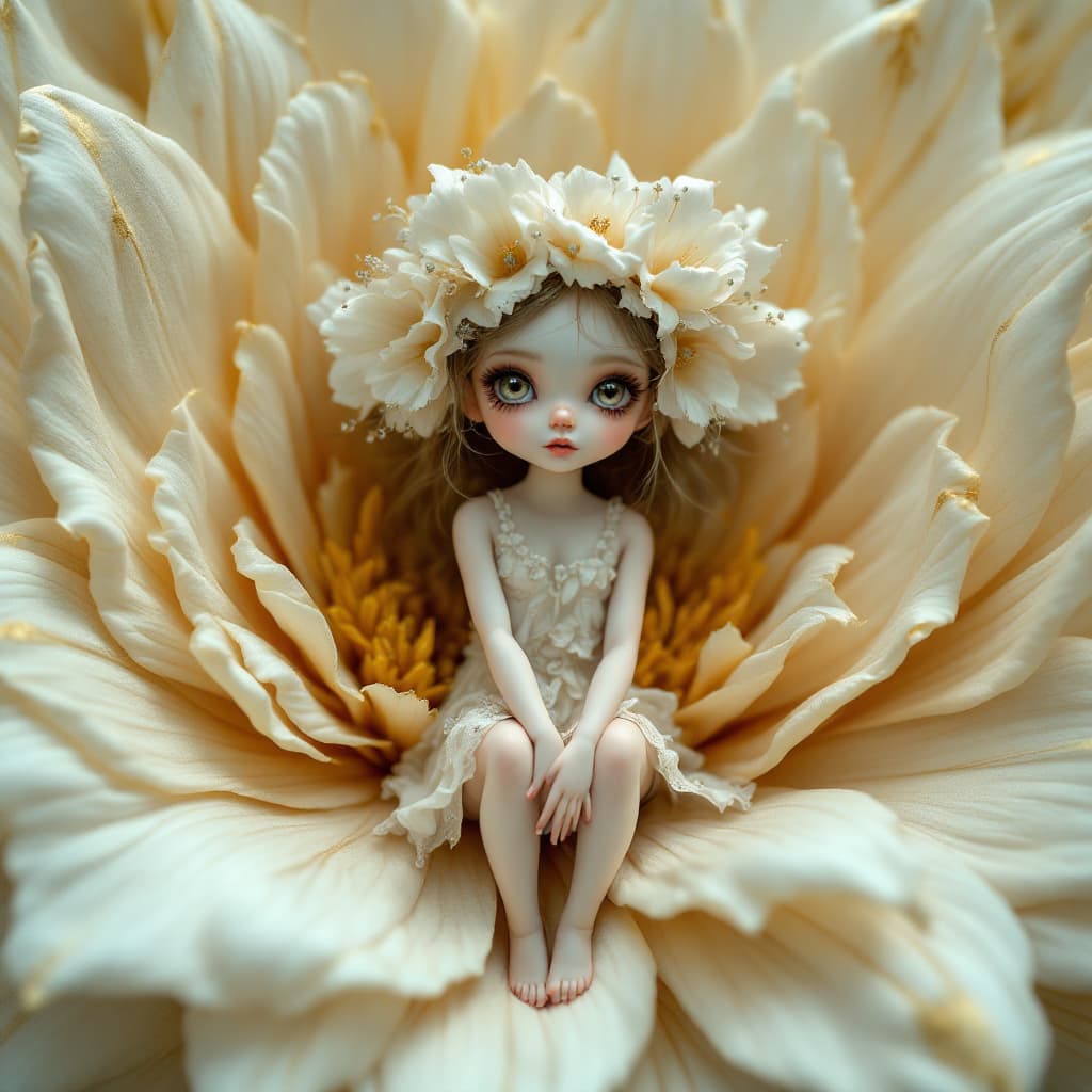 AI generated: A gothic doll like little flower fairy girl sitting on a decorated huge flower, rendered in gold, va...