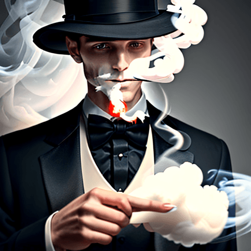 AI generated: Man in tuxedo holding a hat in his hand that is emitting white rising smoke
