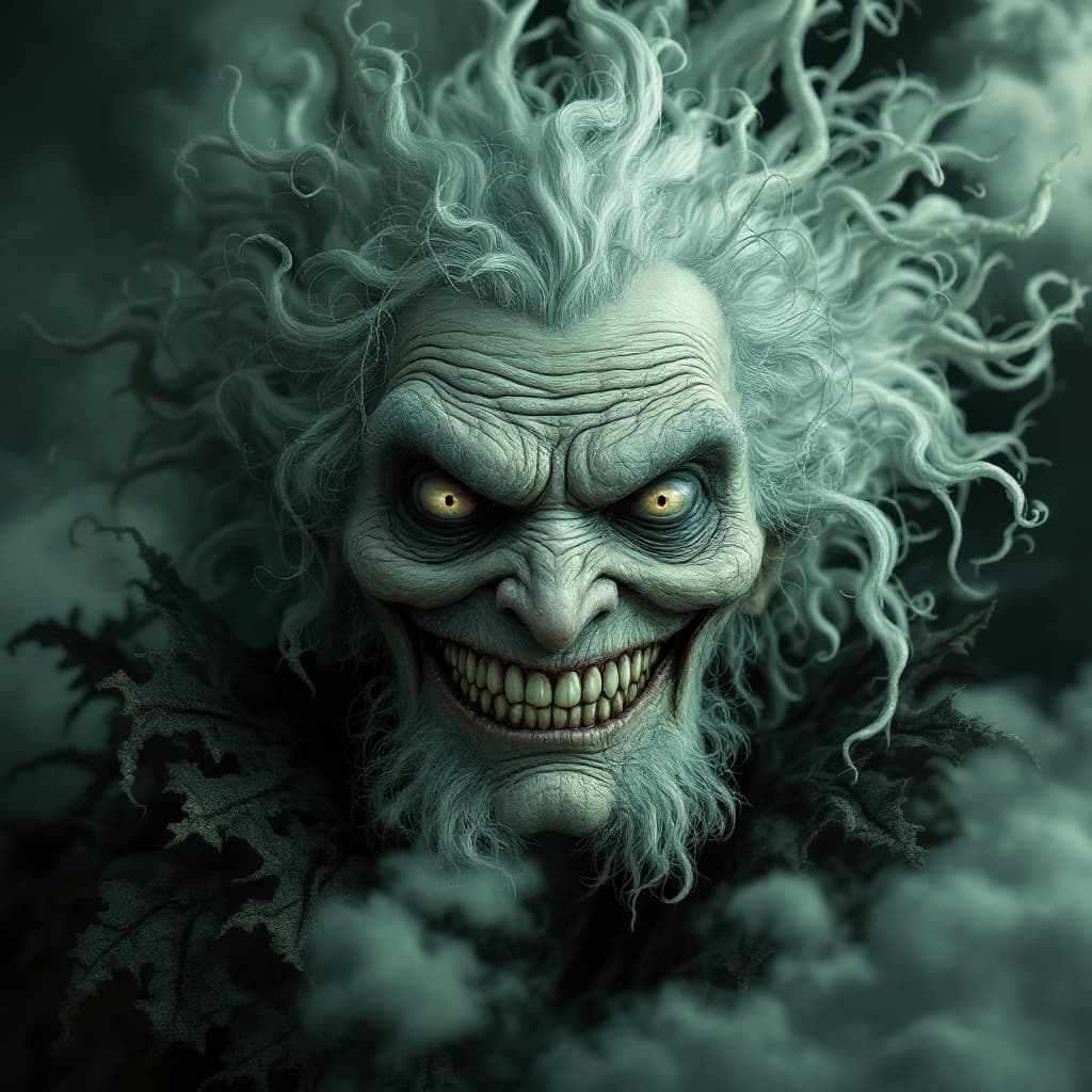 AI generated: Very old madness grandma with evil smile, mad sky hallucination by Mundford, baroque maximalist, chi...