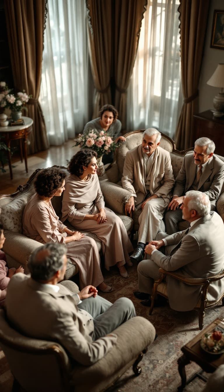 AI generated: A high-angle shot of a traditional Iranian engagement gathering in a spacious 1950s home. The living...