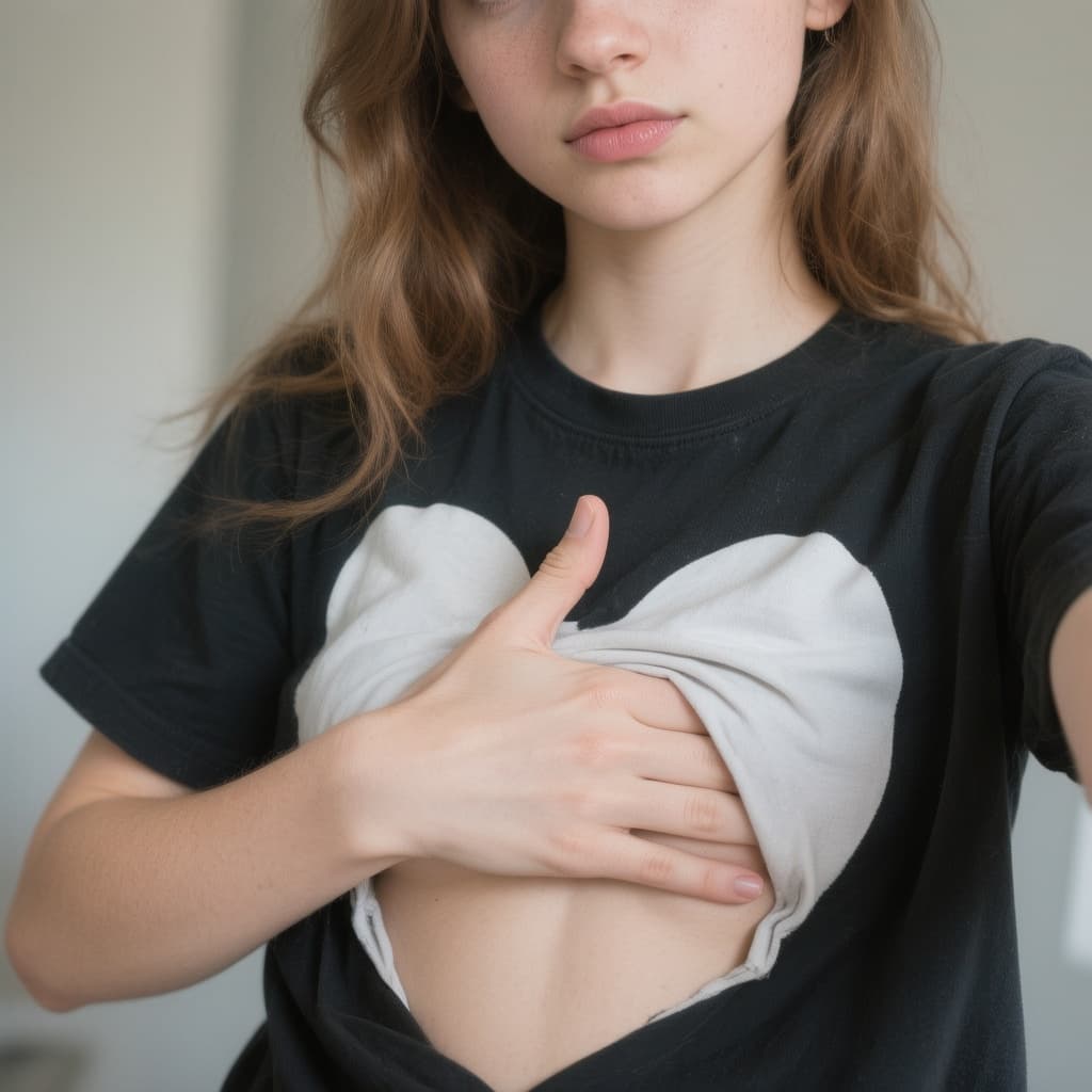AI generated: A girl wearing a black t-shirt with a prominent, white chest takes a selfie of her chest and places ...