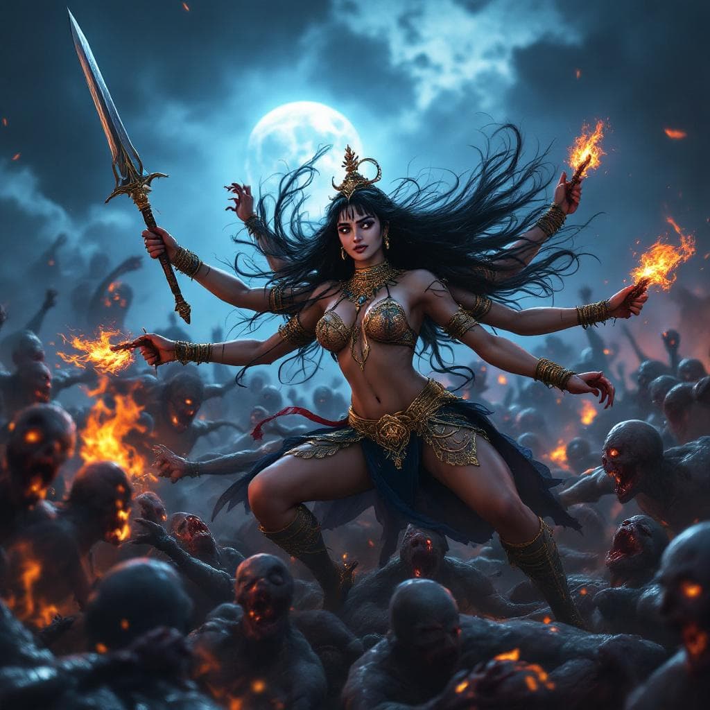 AI generated: Hyper realistic, photo realism, zoomed out HD Photo of beautiful, sultry Goddess Durga with her 10 a...