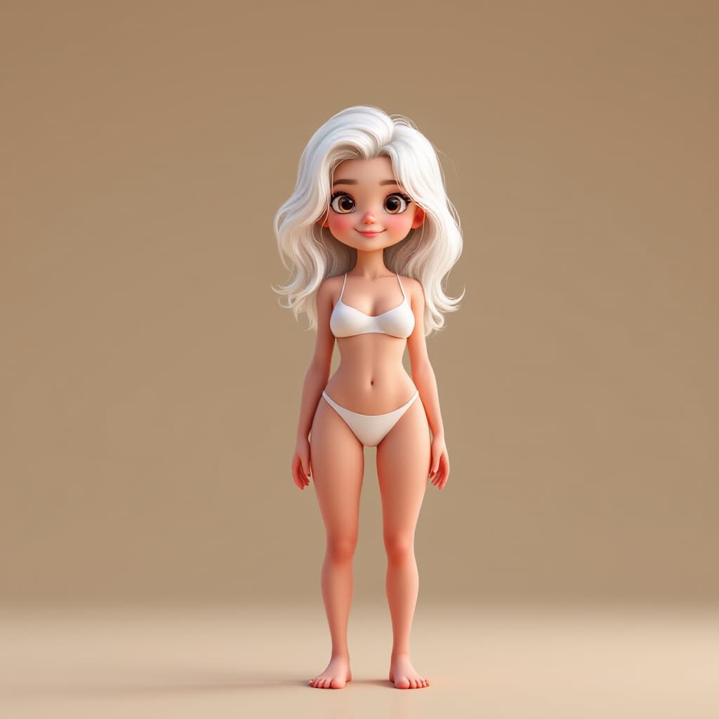 AI generated: 3D image, a cute girl with white hair with light skin in a swimsuit stands at full height, in Pixar ...