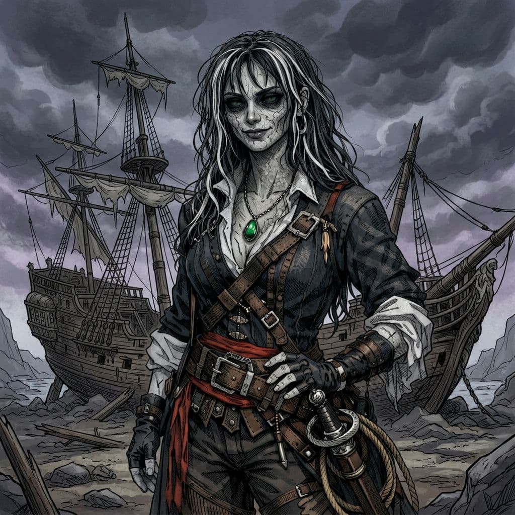 AI generated: a beautiful female pirate that is undead, she has sunken dark green eyes and pale dead skin, with wh...