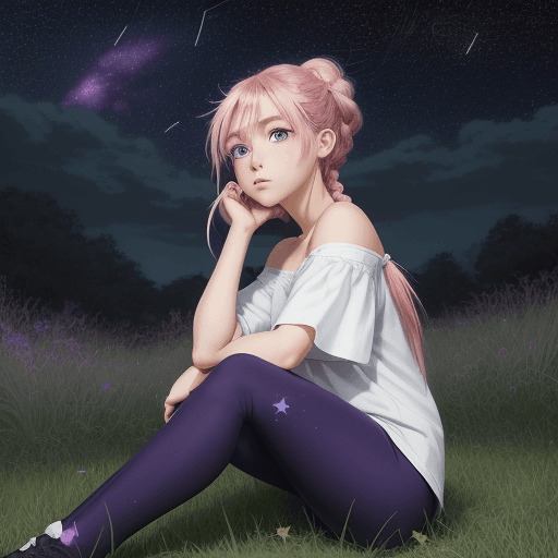 AI generated: An anime girl watching the stars, star-gazing, counting stars, sitting in grass, (night sky with sta...