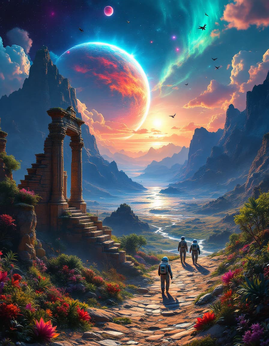 AI generated: extrem fantastic view over an alien landscape on anaother planet ,far away in a distant galaxy,very ...