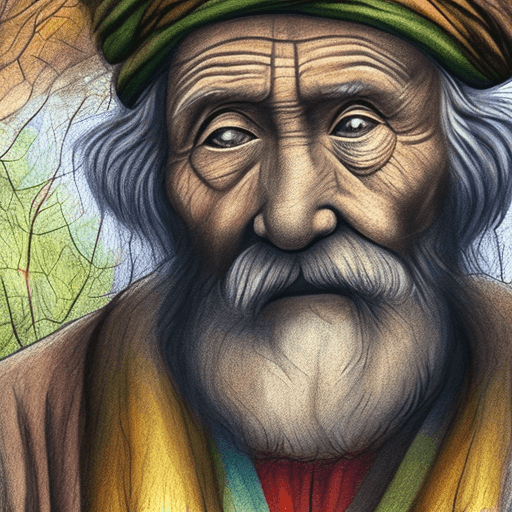 AI generated: an old wise man drawing in the style of Leonardo Da Vinci, in a beautiful forest, vibrant colors, ph...