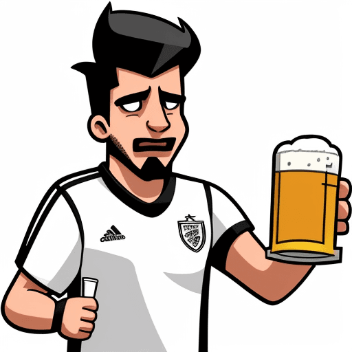 AI generated: a bacl and white cartoon, that illustrates a strong soccer Fan, who hold a beer in his hand