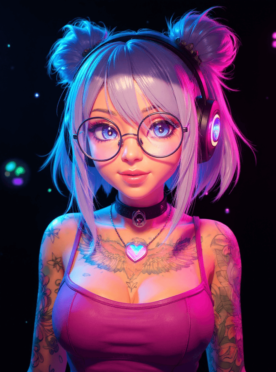 AI generated: A vibrant and dynamic 3D rendered anime character with striking pastel blue and pink hair styled in ...