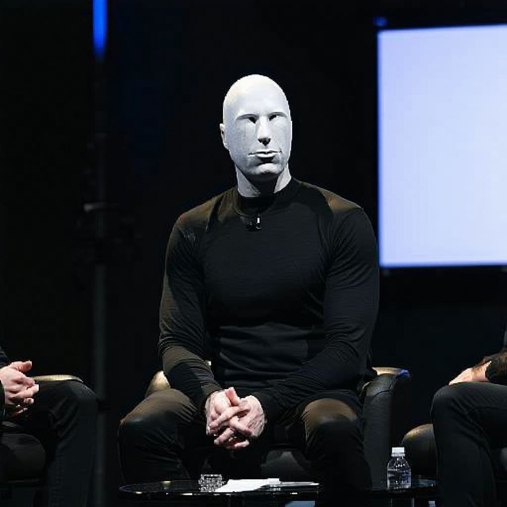 AI generated: Joe Rogan on a set with slenderman, miserable