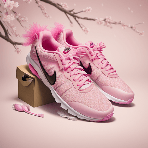 AI generated: Nike sneakers with feathers and boa, pure tones, cherry blossom, pink background, professional photo