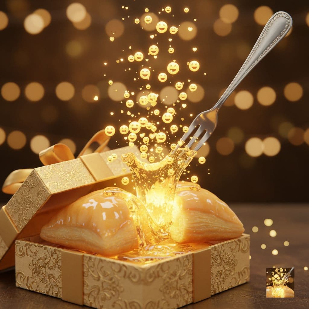 AI generated: make realism video, 3D Gift design with A little fork playfully dives into the baklava make cutting ...