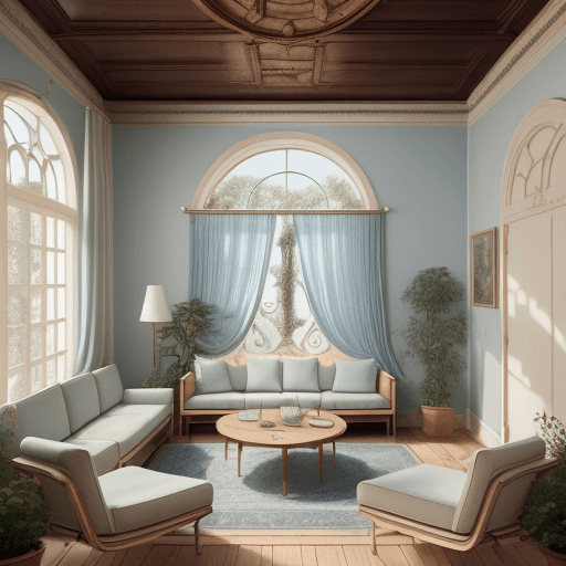 AI generated: High resolution, backdrop greek arc, interior design, dreamy sunken living room conversation pit, wo...