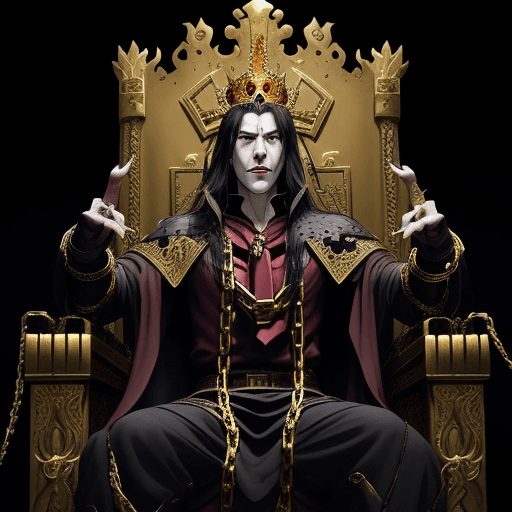 AI generated: a vampire king chained by golden chains and is being knneled doen in front of gods on throne, anime ...