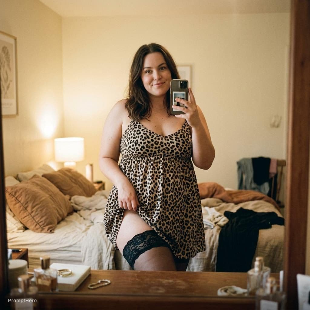 AI generated: "A curvy woman in a leopard print babydoll dress and black lace thigh-high stockings, playful and co...