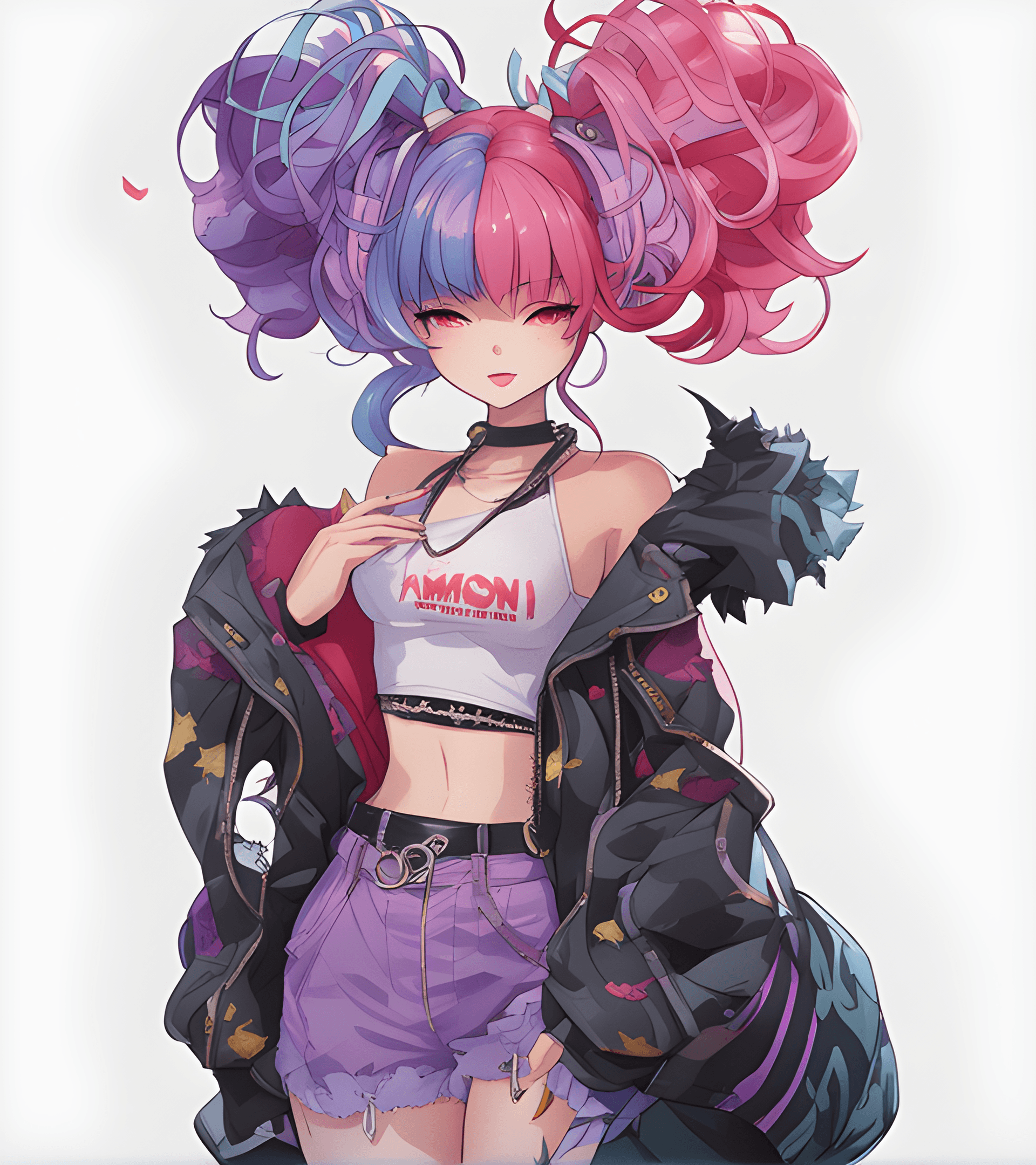 AI generated: a close up of a person with a pink hair and a purple jacket, demon anime girl, anime monster girl, d...