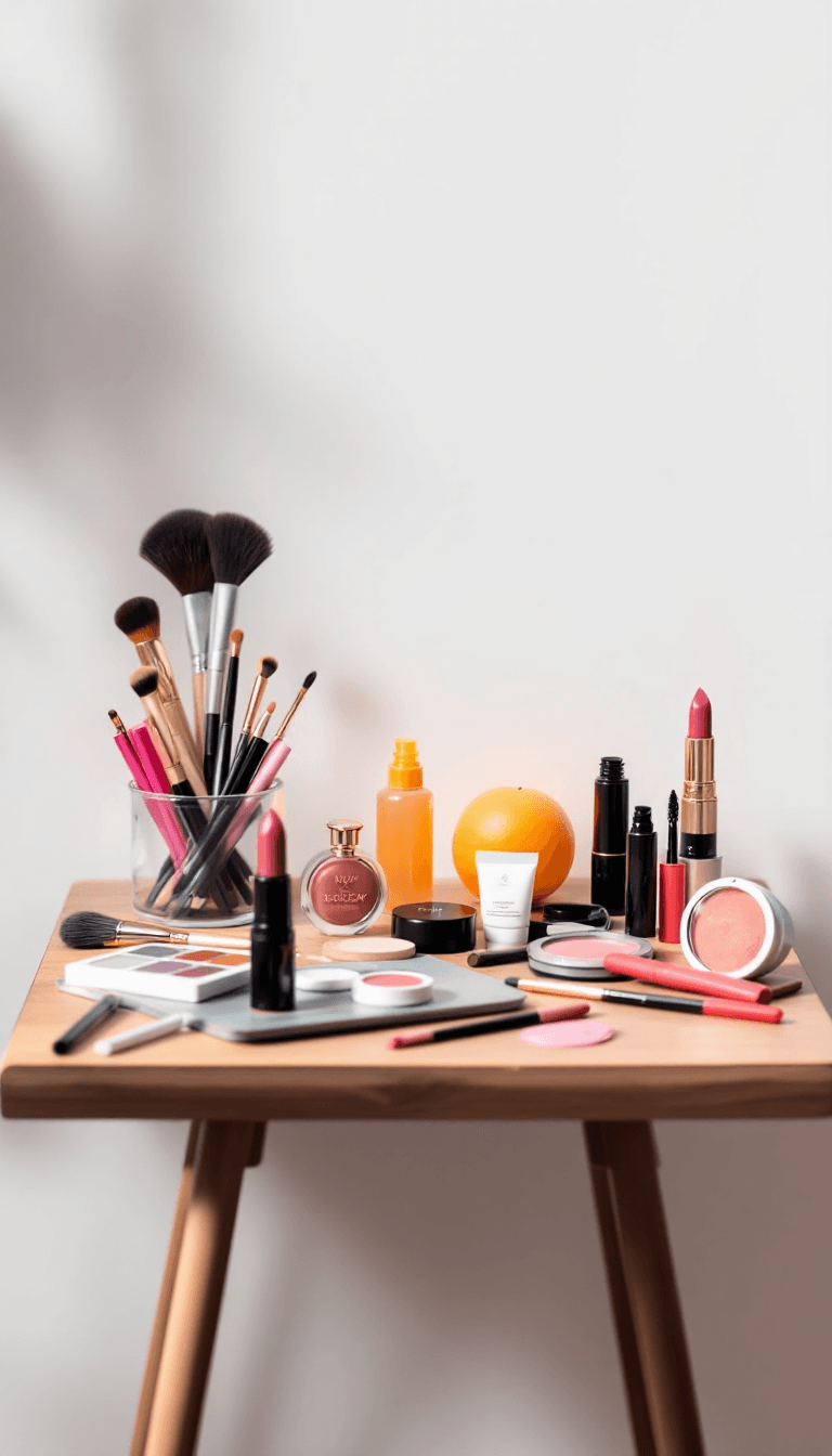 AI generated: a table with makeup products like brushes, eyeshadow, lipstick, and more --ar 2:3 --v 6.0
