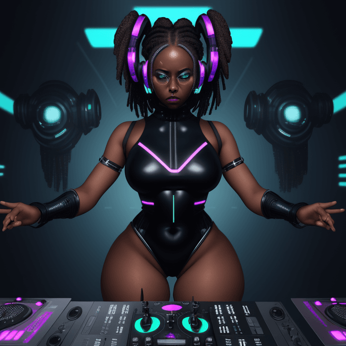 AI generated: head set, dark skin, DJ, hypnotic dominant, leotard, thick thighs, cyber punk