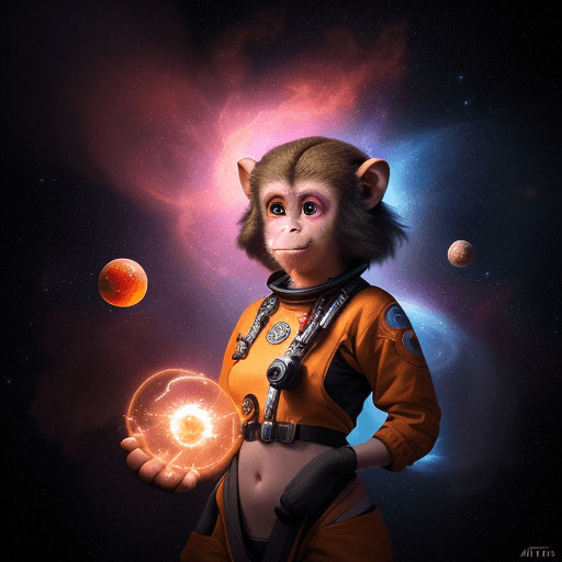 AI generated: ultra realistic beautiful and cute female anthropomorphic space monkey flow artist juggling fire poi...