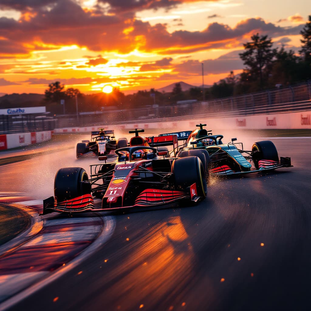 AI generated: A high-speed Formula 1 race is taking place on a professional circuit during a breathtaking sunset. ...