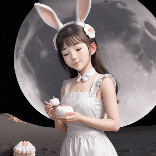 AI generated: Beautiful girl with a pair of rabbit ears on her head making mooncakes on the moon