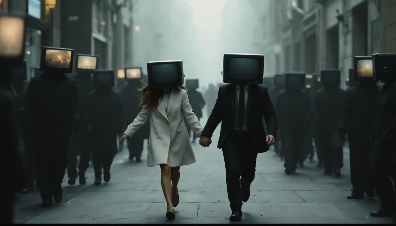 AI generated: A woman and a man holding hands run away from people in black who have televisions instead of heads.